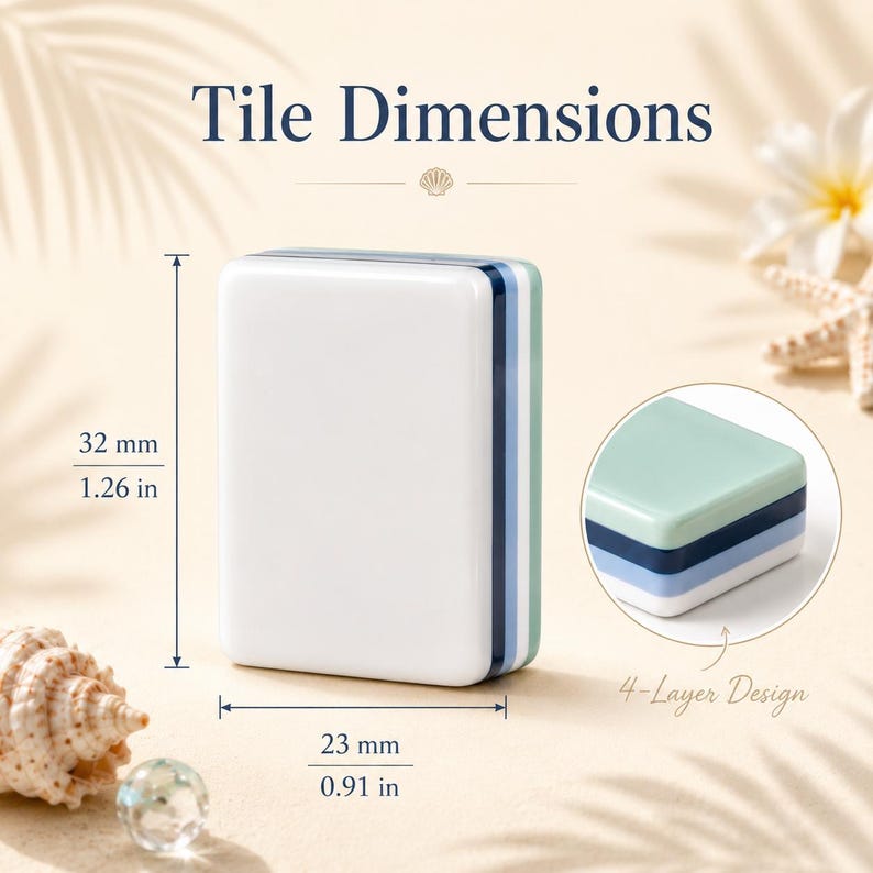 K&ouml;nnte beinhalten: Eine wei&szlig;e rechteckige Fliese mit blauen und gr&uuml;nen Streifen, 32 mm hoch und 23 mm breit. Das Bild enth&auml;lt den Text "Tile Dimensions" und "4-Layer Design". Eine Muschel und ein Seestern sind im Hintergrund.