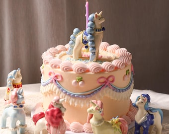 Set di decorazioni per torte in ceramica a forma di unicorno, criniera blu e rosa, portacandele fatti a mano, statuetta di cavallo da collezione, regalo a forma di animale, piccoli ornamenti per pony