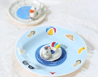 Whimsical Ceramic Duck and Unicorn Ring Holder Set Cute Beach Trinket Dish Jewelry Organizer Mini Animal Ring Tray Handmade Gift Idea