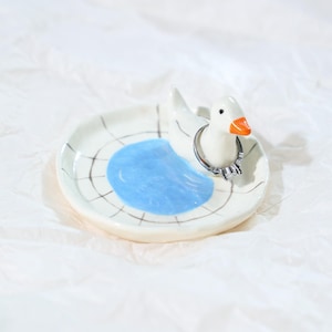 Handmade Duck Ring Holder Ceramic Goose Jewelry Tray Cute Animal Trinket Dish Blue Pond Ring Dish Gift for Her Cottagecore Decor Duck Pond