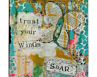 Butterfly Art Print, graduation gift,mixed media and collage, butterfly painting, canvas, kids room, trust your wings soar -by Judie Parsons