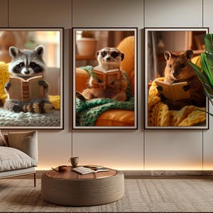 May include: Three framed prints featuring animals reading books. The prints are hung on a beige wall above a brown couch and a coffee table. The animals are a raccoon, a meerkat, and a kangaroo.