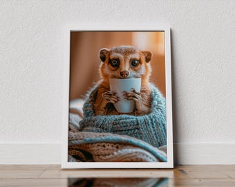 Cute meerkat Poster, Funny Coffee Print, Cozy Animal Wall Art, Coffee Lover Gift, Printable Home Decor, Instant Download