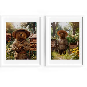 Beekeeper Bear Prints – Set of 2 Cute Honey Bear Illustrations with Beehives n Flowers – Whimsical Animal Wall Art for Kids & Nature Lovers