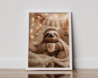 Printable Home Decor, Funny Coffee Print, Cozy Animal Wall Art, Cute sloth Poster, Coffee Lover Gift, Instant Download