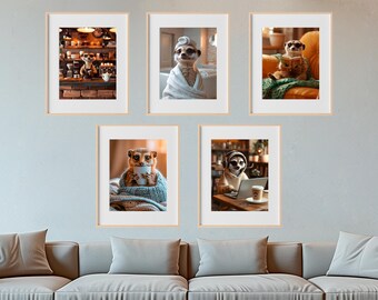 Cute Meerkat Print Set, Cute Animal Wall Art, Cozy meerkat Posters, Coffee, Reading & Bath Prints, Printable Home Decor, Instant Download