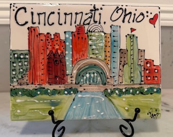 Cincinnati Skyline scape Tile Plaque