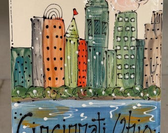 Cincinnati Skyline scape Tile Plaque