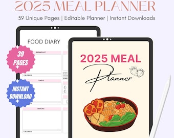 May include: A digital planner for meal planning in 2025. The cover features a bowl of noodles with vegetables and a handwritten title "2025 Meal Planner". The planner includes 39 unique pages and is available for instant download.