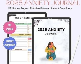 Diario de ansiedad 2025 / Planificador de salud mental 2025 / Registro digital del estado de ánimo / Diario de autocuidado / Plantilla A4 editable de 92 páginas