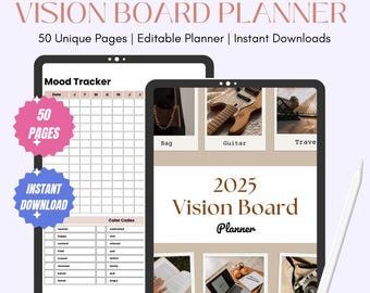 2025 Vision Board Workbook, Goal Setting Planner, Manifestation Success Planner for New Year, Digital Monthly Planner Organizer Printable