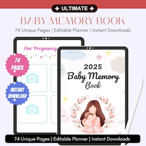 Puede incluir: Una portada de planificador digital con un diseño floral rosa y blanco. La portada presenta a una madre sosteniendo a un bebé, con nubes y estrellas en el fondo. El texto "2025 Baby Memory Book" se muestra en la portada.