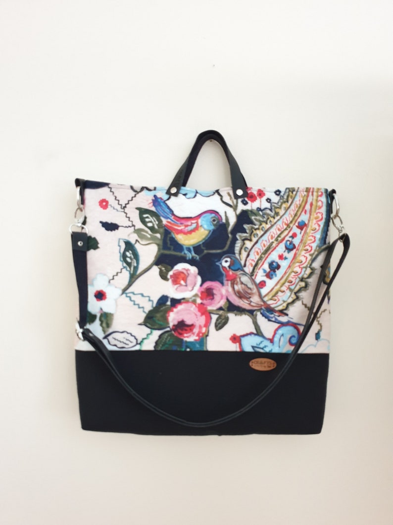 Cute birds and flowers tote bag shopping bag love birds hobo bag floral fabric bag