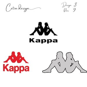 Peut inclure: Image présentant le logo Kappa dans plusieurs versions. Le logo est représenté en noir, rouge et gris, avec le mot "Kappa" en dessous dans les couleurs correspondantes. Le texte supplémentaire comprend "Cetin design" et "Design 3 files 9."