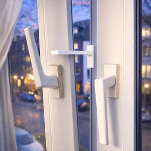 Puede incluir: Primer plano de una ventana blanca con dos manijas blancas curvas y un pestillo blanco en forma de T. Las manijas están montadas sobre bases rectangulares de color claro. El fondo muestra una escena callejera borrosa.