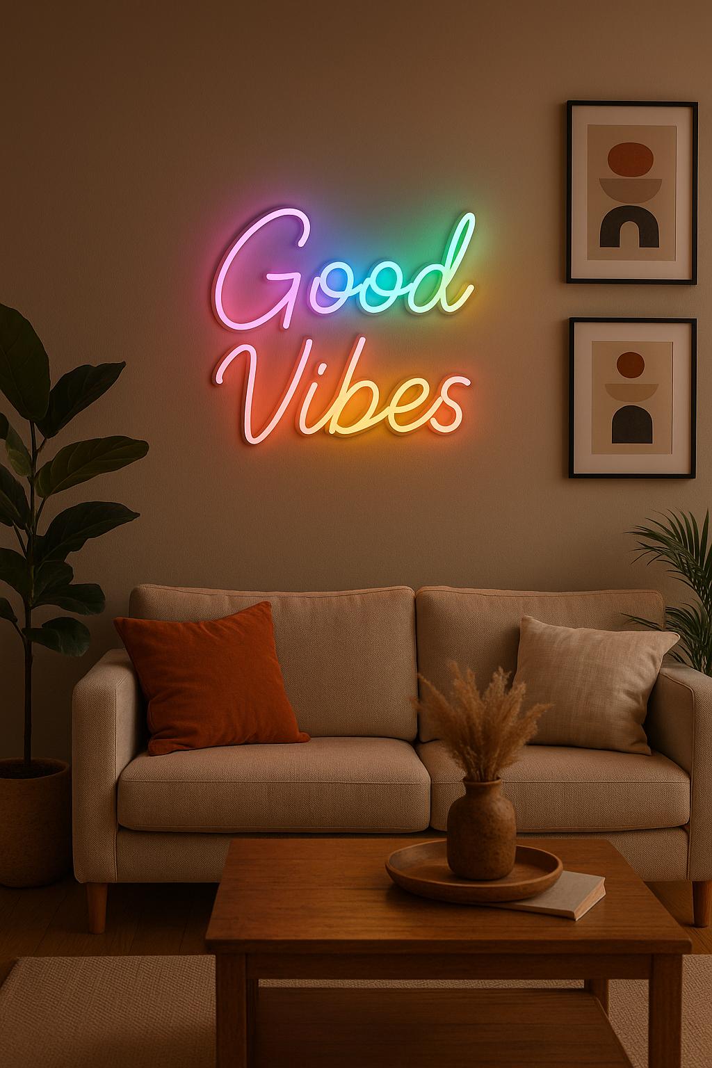 Panneau Néon LED 'Good Vibes Only' - Décoration Maison, Bar, Veilleuse - Luminosité Réglable USB - Pour Fêtes Et Déco Intérieure - 12
