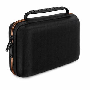 May include: Black rectangular carrying case with a handle and zipper. The case has an orange zipper and trim. The handle is black and the case is made of a textured material.