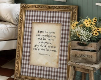 Werset biblijny na Święto Dziękczynienia: Psalm 100 4, wydruk w stylu vintage (plakat w kratkę gingham)