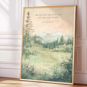 Isaiah 40:31 Bible Verse Wall Art, Christian Landscape Scripture Print, Inspirational Mountain Nature Art Print, Vintage Faith-Based Poster