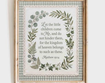 Matthew 19 14 Wall Art: Baby Room Rustic Bible Verse Print, Neutral Gingham Scripture