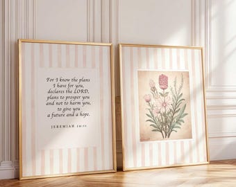 Christian Wall Art Set - Jeremiah 29:11 Printable Bible Verse & Vintage Floral Print, Beige Stripe Scripture, Whimsical Botanical Painting
