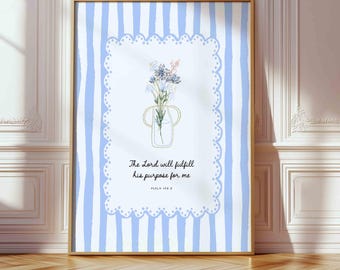 Preppy Psalm 138:8 Bible Verse Art - Blue Stripe Wildflowers Christian Decor, Scripture Wall Print