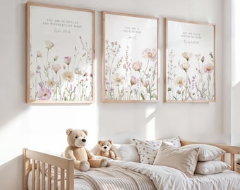 Wildflower Nursery Art Print: Floral Christian Scripture Quote for Girls (Set of 3)