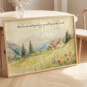 Christian Wall Art, Joshua 24:15 Scripture Print, Cottage Mountain Landscape, Wildflower Bible Verse Poster, As for me and my house