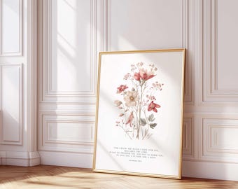 Jeremiah 29:11 Scripture Wall Art Print, Christian Bible Verse Poster Pink Flowers, Botanical Christian Art Painting, Farmhouse Art Digital