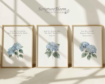 Hydrangea Christian Nursery Decor: Bible Verse Scripture Art Prints (Blue Floral Print)