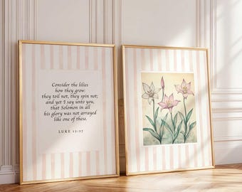Bible Verse Art Luke 12:27 Consider the Lilies Bible Verse Print, Antique Botanical Scripture Set, Christian Art digital English Cottage