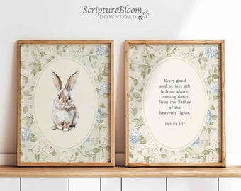 James 1:17 Bunny Wall Art, Every Good Gift Bible Verse Print, Hydrangeas Scripture Nursery Art, Christian Grand millennial trendy wall art