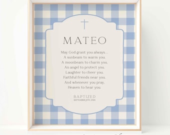 Personalized Baptism Print for Boy: Blue Check Nursery Wall Art (Printable Gift)