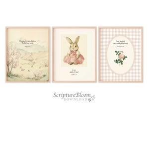 Girl Christian Art, Nursery Gallery set of 3, Bunny Bible Print, Shepherd Verse Art Printable, Scripture Decor for Baby Girl, Cottagecore