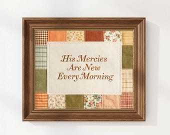 Stampa artistica da parete vintage con versetto biblico Lamentazioni 3:22-23 - Le sue misericordie si rinnovano ogni mattina, patchwork autunnale, stampa cristiana