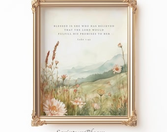 Blessed Wall Art, Luke 1:45 Printable, Christian Wall Decor, Scripture Art, Bible Verse Print, Meadow Faith Artwork, Encouragement Gift