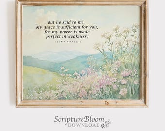 Arte mural bíblico de 2 Corintios 12:9, "Mi gracia te basta", versículo bíblico imprimible con flores de prado y ánimo cristiano.