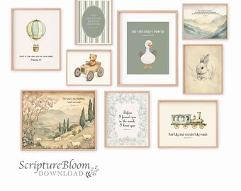 Boys Whimsical Nursery Bible Verse Art Prints: Vintage Christian Scripture Set for Toddler Room