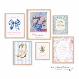 Impresiones de estética cristiana de moda, conjunto de 6 versículos bíblicos con estética rosa y azul, arte mural de escrituras coquetas, estilo chinoiserie femenino preppy