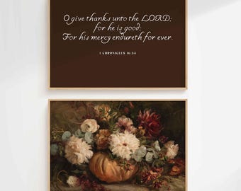 Arte mural con versículo bíblico de Acción de Gracias: 1 Crónicas 16:34 (RVR1960), impresión floral vintage de calabaza