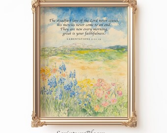 Wildflowers Bible Verse Wall Art, Scripture Printable, Vintage Christian Print, Lamentations 3:22, Morning Mercies Floral Faith Art Print