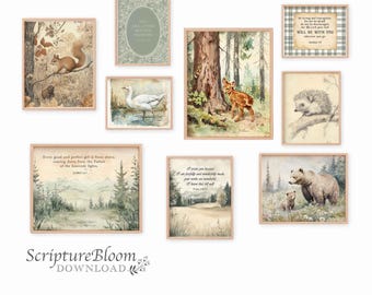 Può includere: Un set di dieci stampe d'arte da parete stampabili con animali del bosco e citazioni ispiratrici. Le stampe presentano uno scoiattolo, un'oca, un cervo, un riccio, un'orsa e il suo cucciolo, e varie scene di bosco. Le citazioni includono "Ogni dono buono e perfetto viene dall'alto, discendendo dal Padre delle luci celesti." e "Ti lodo perché sono fatto in modo straordinario e meraviglioso; le tue opere sono meravigliose, lo so."