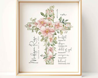 Baptism Gift for Girl Printable: Floral Cross, Name Art with Bible Verse Quote