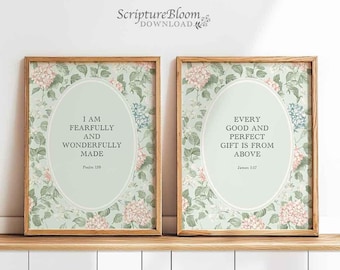 Vintage Bible Girl Nursery, Floral Scripture Nursery Wall Art Set, Bible Verse Prints for Baby Room, Psalm 139 print, James 1:17 art