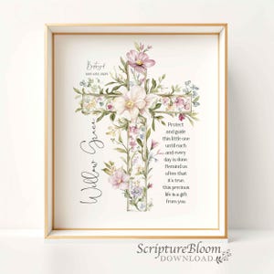Personalized Baptism Gift for Girl, Catholic Floral Cross Print with Name & Date, Goddaughter Blessing Wall Art, Christian Nursery Decor