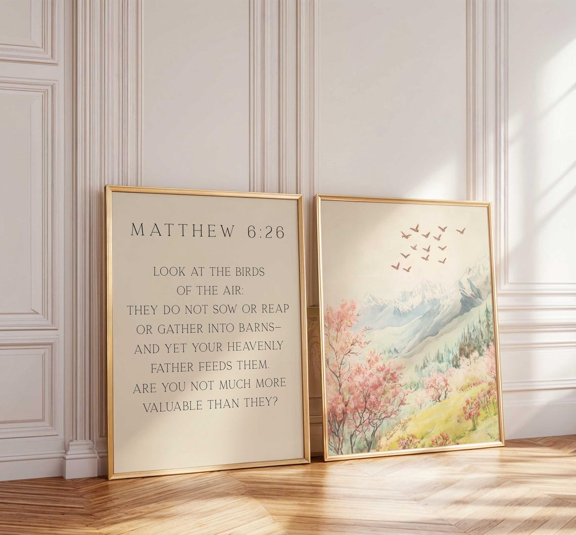 Matthew 6:26 Bible Verse Wall Art Set, Look at the Birds Scripture ...