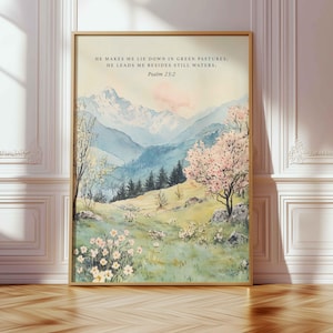 Psalm 23:2 Christian Wall Art – Peaceful Mountain Meadow Bible Verse Printable, Nature Scripture Wall Art, Religious Artwork, Download