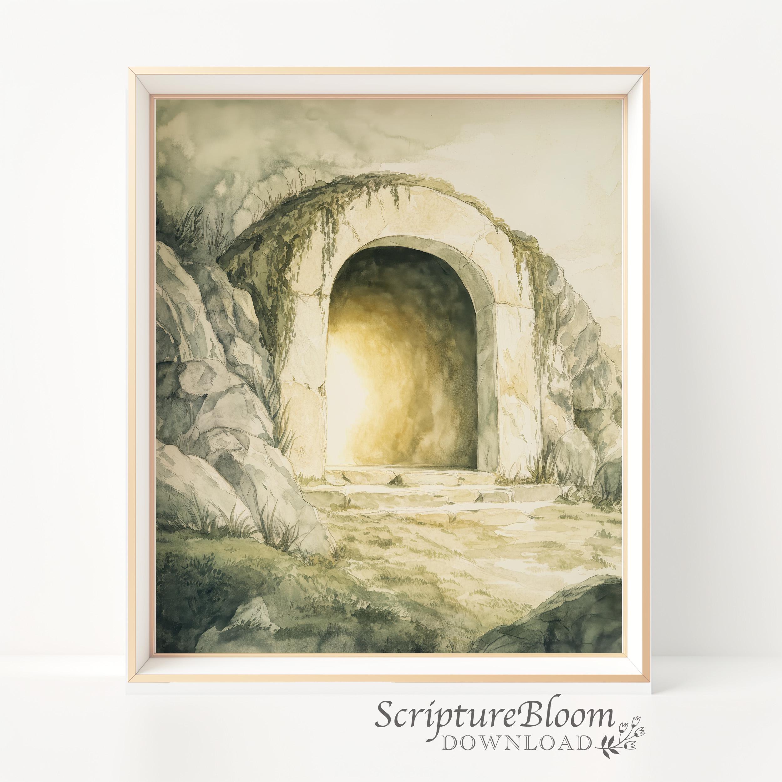 He is Risen Empty Tomb Art Print, Christian Resurrection Wall Decor ...
