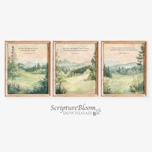 May include: Three watercolor prints with inspirational bible verses. The prints feature a landscape scene with a forest, mountains, and a field. The verses are "But those who hope in the Lord will renew their strength", "The Lord is my shepherd, I shall not want", and "Trust in the Lord with all your heart and lean not on your own understanding".