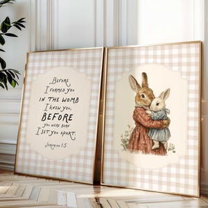 Christian Baby Room Wall Art Jeremiah 1:5, Bunny and Mommy Nursery Art, Vintage Scripture Art, Bible Verse Download Beige Gingham